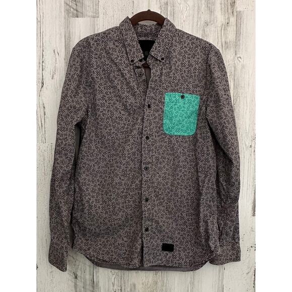 Vans OTW Off The Wall Mens Shirt Sz Medium Gray Geometric Print Turquoise Pocket - Picture 1 of 7